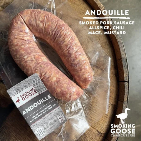 Smoking Goose andouille sausage with Louisiana spices and natural casing